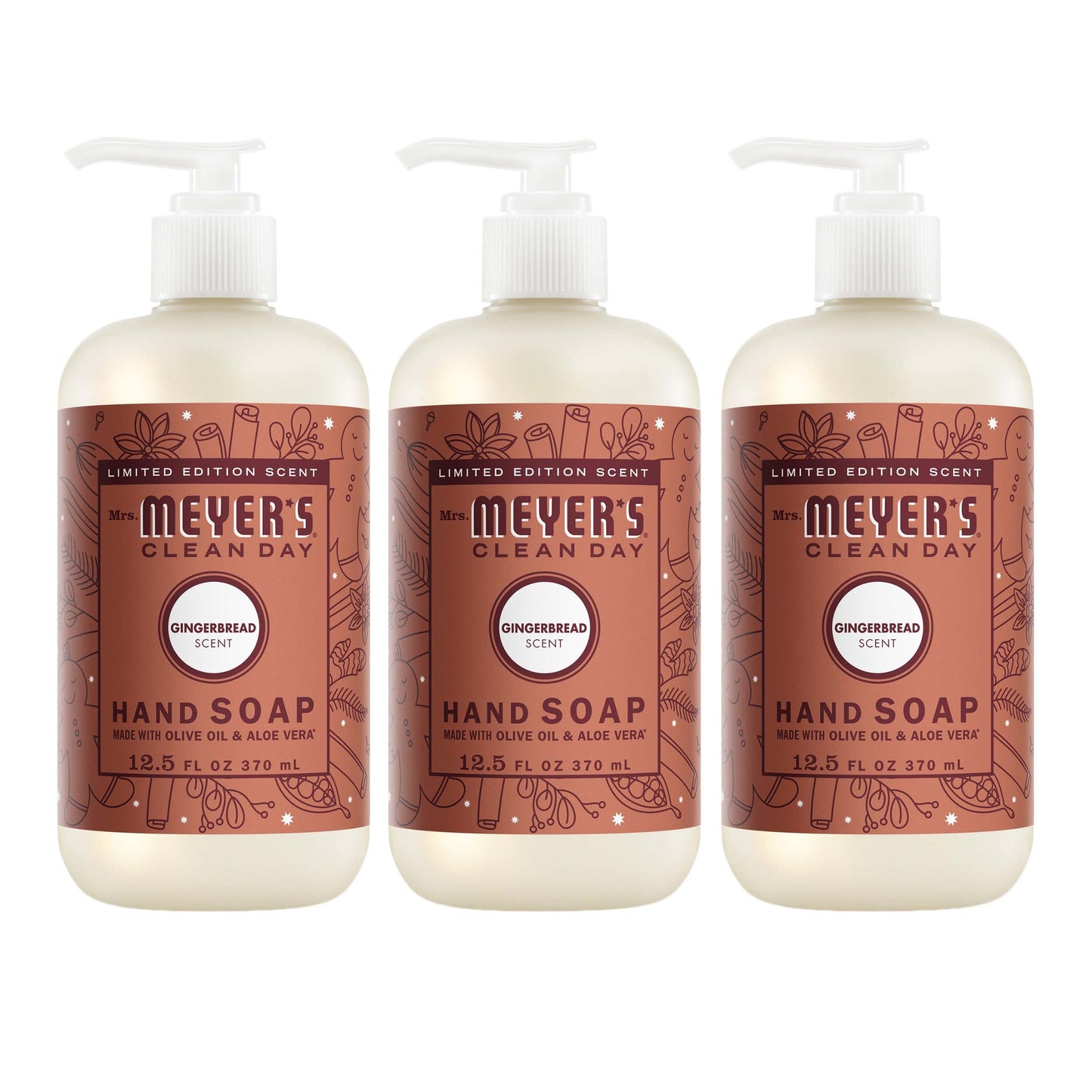 Mrs. Meyers Gingerbread Liquid Hand Soap 3 - count Bundle - for Convenient Hand Care