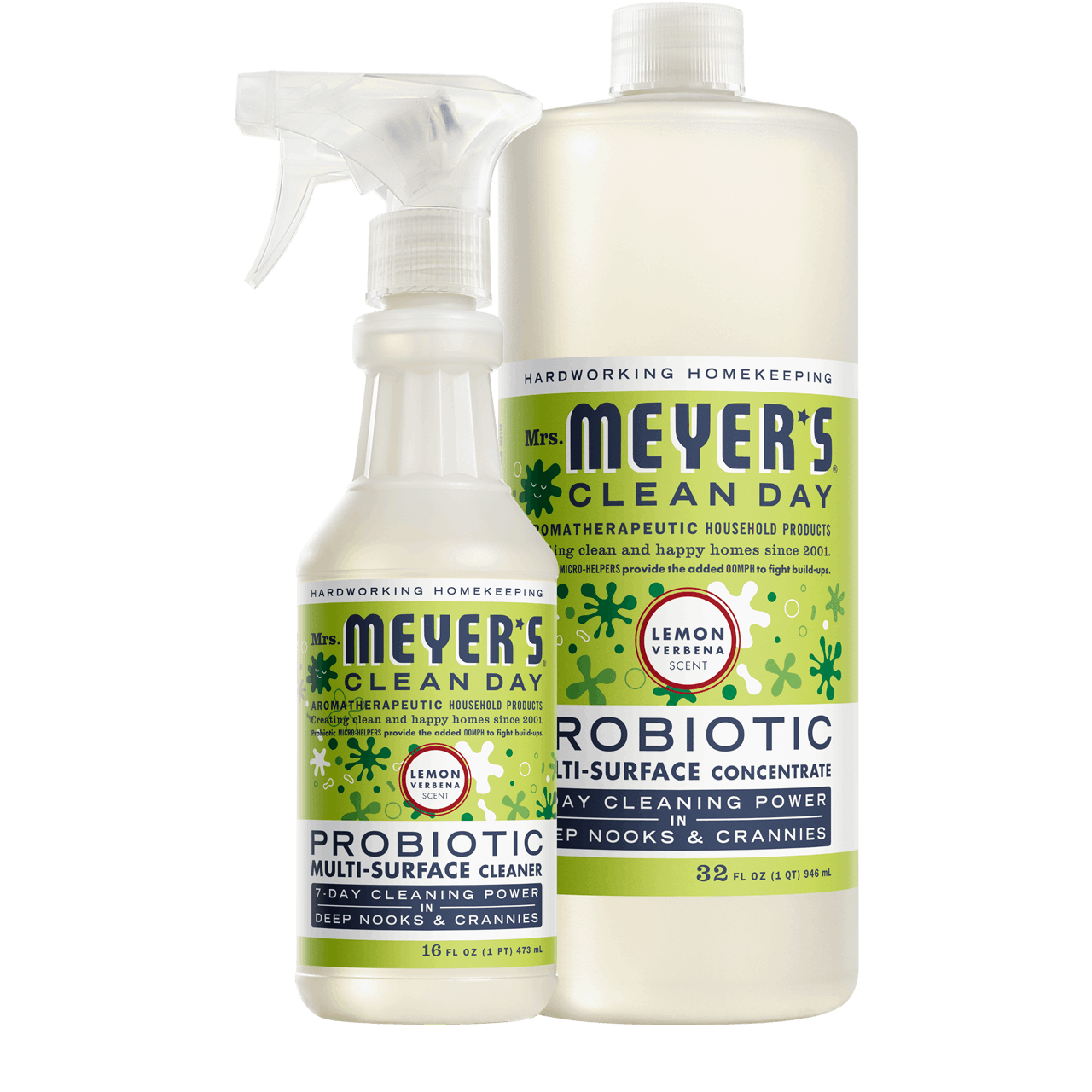 Mrs. Meyers Lemon Verbena Probiotic Multi - Surface Cleaner and Concentrate Set - for Convenient Easy Refilling